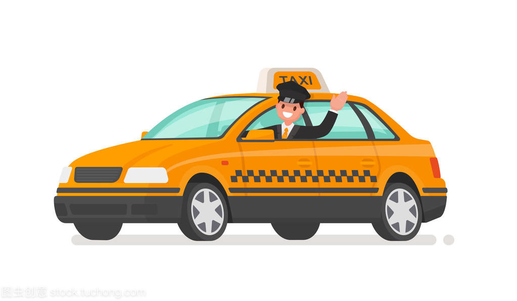 司機正在開一輛出租車。黃色計程車矢量插圖